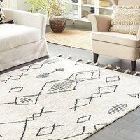 Wyld and Coco Cotton Rug 160 x 230 cm - Off-White and Black Geometric with Tassels in White | Size: 160 cm x 230 cm
