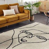 Wyld and Coco Beige Cotton Area Rug 160 x 230 cm - Black Face Motif Tassels | Size: 160 cm x 230 cm
