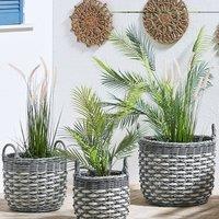 Wyld and Coco Set of 3 Grey and White PE Rattan Plant Baskets with Lining