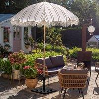 Wyld and Coco Garden Parasol 150 cm White Black Stripe Beech Wood Pole Tilt UV