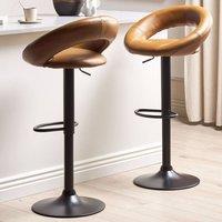 Wyld and Coco Set 2 Bar Stools Golden Brown Faux Leather 360 Swivel Gas Lift