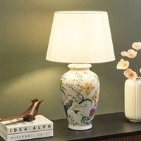 Wyld and Coco Floral Table Lamp - White Porcelain Base Linen Drum Shade