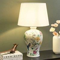 Wyld and Coco Porcelain Table Lamp with Floral Pattern and Linen Drum Shade in White
