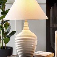 Wyld and Coco Carved Beige Ceramic Table Lamp with Linen Shade