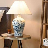 Wyld and Coco 55cm Bedside Lamp Hand Painted White and Blue Porcelain Base Linen