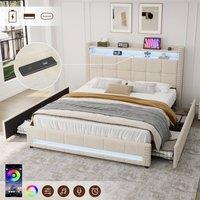 Matteo 4ft6 Double Upholstered Bed - LED Storage, USB/Type-C Charging in Beige