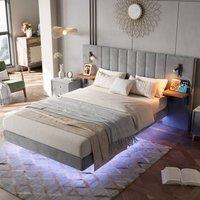 BTM Velvet Bed with Charging, Storage Headboard & Bedside Lamps in Grey | Size: Double