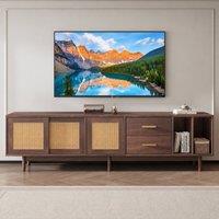 Merax Dark Wood TV Stand Media Unit with Rattan Sliding Doors & Drawers in Walnut