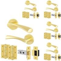 AFIT Satin Brass Door Handle Rose, Latch & Hinges 5 Pairs Novi in Gold | Size: 150mm x 150mm