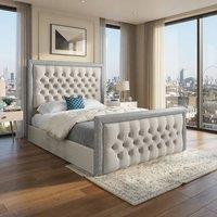 Casani Thorpe Glitter Border Upholstered Beige Soft Velvet Designer Bed Frame in Cream | Size: Small Double