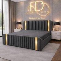Stratus Interiors Aura Rounded Bed Frame Elegant Gold Accents & Ottoman Storage in Dark Grey | Size: Single