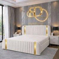 Stratus Interiors Aura Rounded Panel Bed Frame with Elegant Gold Accents-Ottoman Storage in White | Size: Single