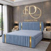 Stratus Interiors Aura Rounded Panel Bed Frame with Elegant Gold Accents-Ottoman Storage in Blue | Size: Single