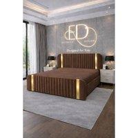 Stratus Interiors Aura Rounded Panel Bed Frame with Elegant Gold Accents-Ottoman Storage in Brown | Size: Single