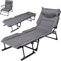 Gymax Folding Camping Bed Comfy Padded Adjustable Chaise Lounge Sleeper Bed in Grey