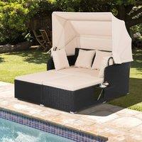 Costway Patio Daybed w/Retractable Canopy PE Rattan Wicker Sunbed w/Side Table