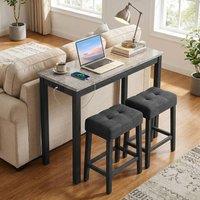 Costway 3PCS Bar Table Set w/ Charging Station Modern Pub Table w/ 2 Stools in Grey