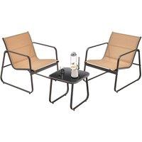 Gymax 3 PCS Conversation Set Patio Metal Chair & Tempered Glass Table Set in Brown