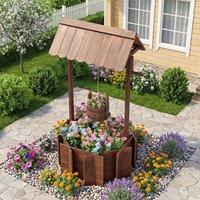 Costway Garden Wooden Wishing Well Bucket Rustic Well w/Hanging Bucket Planter in Brown