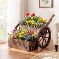 Costway Rustic Wood Wagon Planter 2-Tier Versatile Raised Garden Bed w/ Wheels in Brown