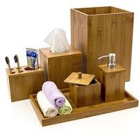 VOGREX 6pc Bamboo Bathroom Accessory Set Natural Bath Storage Oriental in Brown