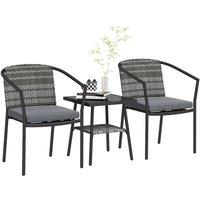 Nordara 3 Pieces Rattan Bistro Set Glass Top Table Chairs with Soft Cushions in Grey | Size: 100 cm x 60 cm