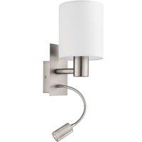 Eglo Pasteri Satin Nickel Metal & Fabric Wall Light With Integrated LED Adjustable Reading Light in White