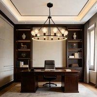 INMTFEI 12-Light Wagon Wheel Chandelie Black Steel Adjustable Pendant Light