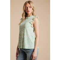 Dorothy Perkins Women's Frill Yoke Printed Jersey Shell Top in Green | Size: 14