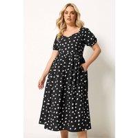 Yours Women's Polka Dot Puff Sleeve Linen Dress in Black | Size: 22-24