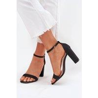 Love Lace Women's Shiny Glitter Column Heel Sandals with Adjustable Buckle in Black | Size: 3.5