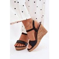Love Lace Women's Cork Wedge Heel Sandals with Adjustable Buckle Comfort Fit in Black | Size: 5.5