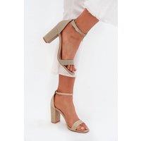 Love Lace Women's Shiny Brocade Column Heel Sandals With Buckle Adjustable Strap in Gold | Size: 5.5
