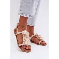Love Lace Women's Stylish Sandals With Fabric Flowers & Soft Insole in Beige | Size: 5.5