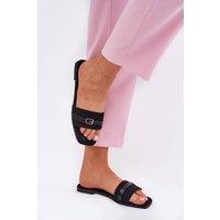 Love Lace Women's Comfort Textile Flat Sandals with Front Buckle Thin Strap in Black | Size: 7.5