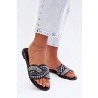 Love Lace Women's Crystals Embellished Flat Sandal Flip Flops for Summer in Black | Size: 7.5