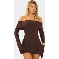 EGO Women's Bardot Long Sleeve Foldover Mini Dress in Dark Brown | Size: 12