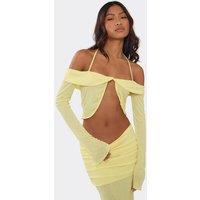 EGO Women's Long Sleeve Halter Neck Knotted Tie Crop Top in Lemon | Size: 10