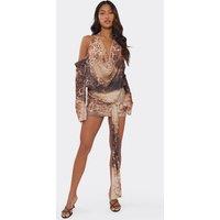 EGO Women's Long Sleeve Halter Neck Animal Print Stiletto Mini Dress in Brown | Size: 4