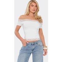 EGO Women's Short Sleeve Off-The Shoulder Lace Trim Top in White | Size: 12