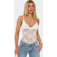 EGO Women's Strappy V-Neck Lace Bodysuit in White | Size: 8