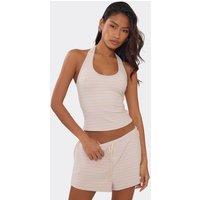 EGO Women's Fitted Sleeveless Halter Neck Striped Top & Shorts Set in Cream | Size: 8