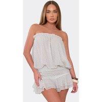 EGO Women's Blouson Style Sleeveless Bandeau Frill Trim Polka Dot Mini Playsuit in White | Size: 8