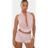 EGO Women's Sleeveless Halter Neck Open Back Top & Shorts Set in Pink | Size: 6