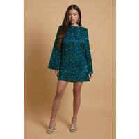 Oasis Women's Petite Occasion Sequin Flare Sleeve Mini Dress in Teal | Size: 12
