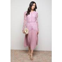 Oasis Women's Lace Bodice Pleated Skirt Long Sleeve Midi Dress in Pale Pink | Size: 10