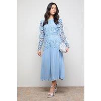 Oasis Women's Lace Bodice Pleated Skirt Long Sleeve Midi Dress in Powder Blue | Size: 10