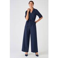 Damart Women's Navy Wide-Leg Jumpsuit, V-neck, Tie Belt | Size: 12