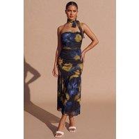 Femme Luxe Women's Black Floral Print Bandeau Ruched With Neck Scarf Maxi Dress- Fillna | Size: 14