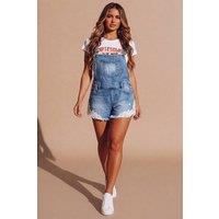 Femme Luxe Women's Light Blue Wash Lace Trim Denim Dungaree - Zaraiana | Size: 8